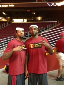 J.T. Terrell (left) and Byron Wesley pose at the Galen Center Fall Sports Rally. (Russell Simon/Galen Central)